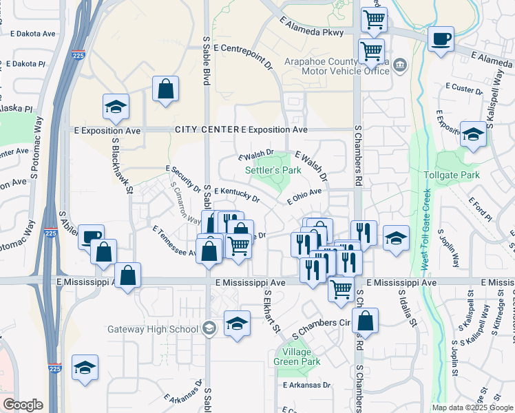 map of restaurants, bars, coffee shops, grocery stores, and more near 14798 East Ohio Avenue in Aurora