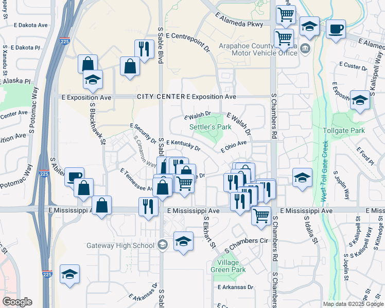 map of restaurants, bars, coffee shops, grocery stores, and more near 922 South Dearborn Way in Aurora