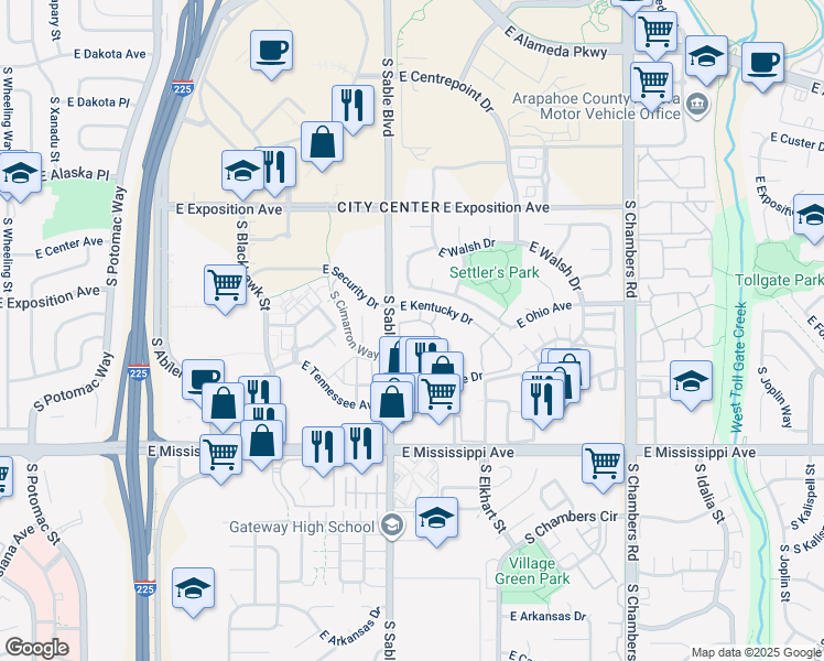 map of restaurants, bars, coffee shops, grocery stores, and more near 920 South Dawson Way in Aurora