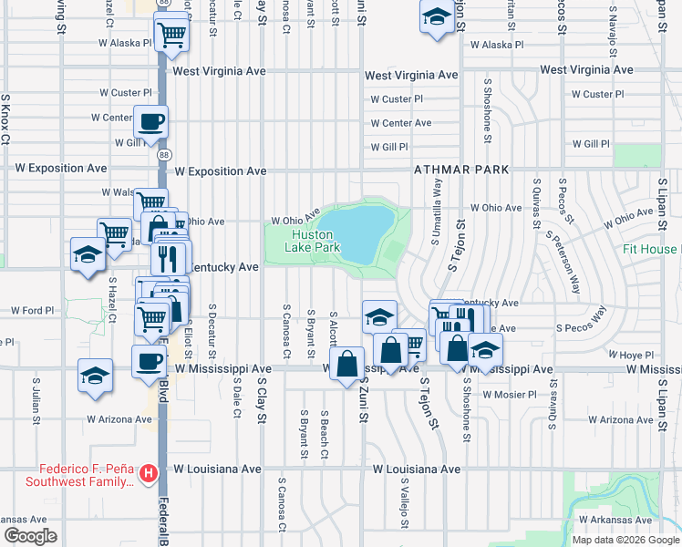 map of restaurants, bars, coffee shops, grocery stores, and more near 2303 West Kentucky Avenue in Denver