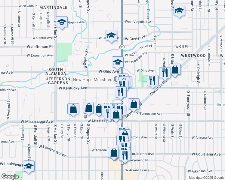 map of restaurants, bars, coffee shops, grocery stores, and more near 875 South Sheridan Boulevard in Lakewood