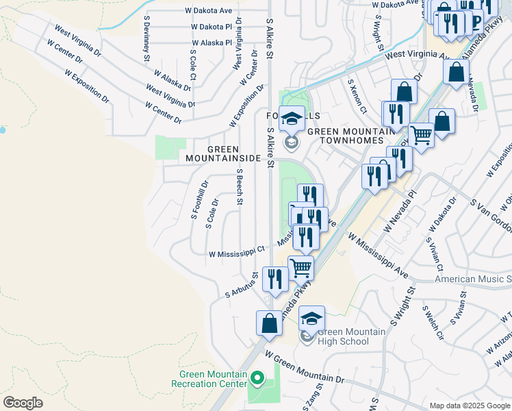 map of restaurants, bars, coffee shops, grocery stores, and more near 880 South Arbutus Street in Lakewood