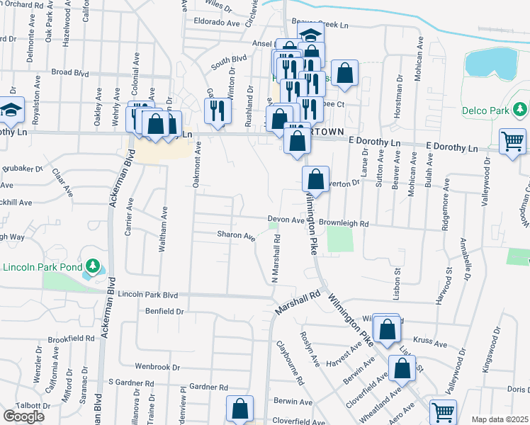 map of restaurants, bars, coffee shops, grocery stores, and more near 3125 Rushland Drive in Kettering