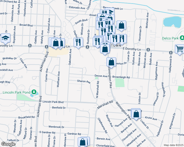 map of restaurants, bars, coffee shops, grocery stores, and more near 3125 Rushland Drive in Kettering