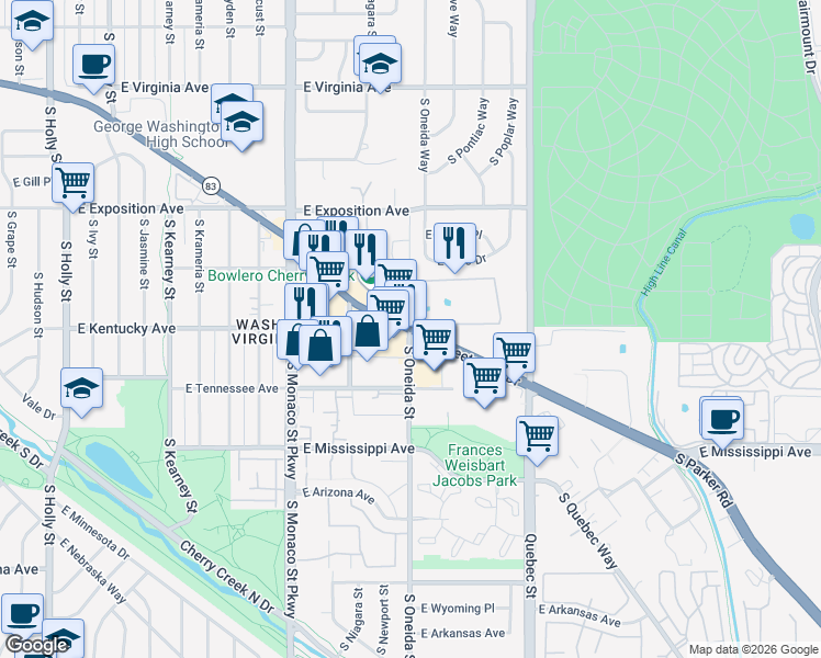 map of restaurants, bars, coffee shops, grocery stores, and more near Leetsdale Dr & S Oneida St in Denver