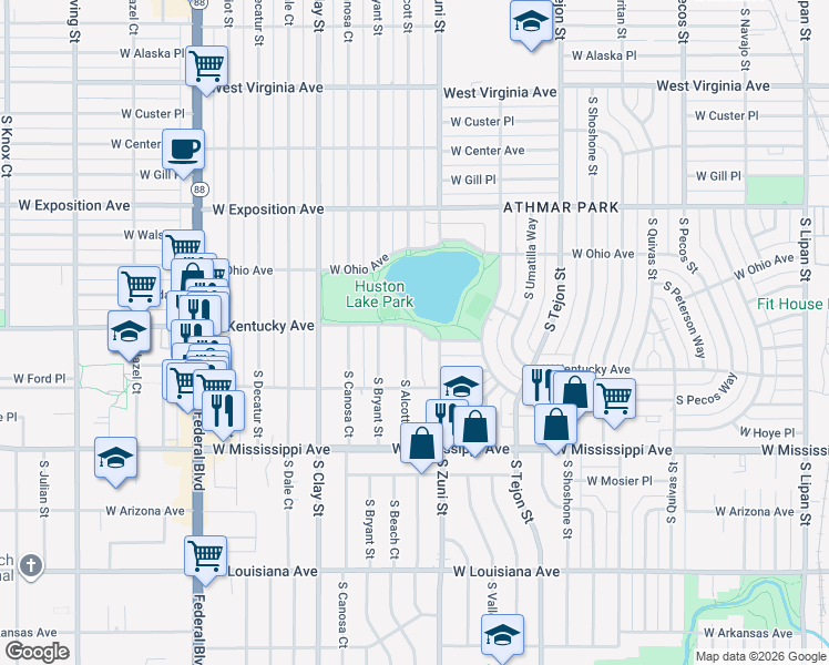 map of restaurants, bars, coffee shops, grocery stores, and more near 2303 West Kentucky Avenue in Denver