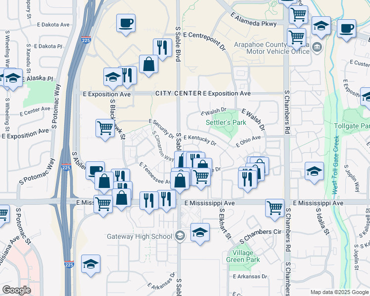 map of restaurants, bars, coffee shops, grocery stores, and more near 920 South Dawson Way in Aurora
