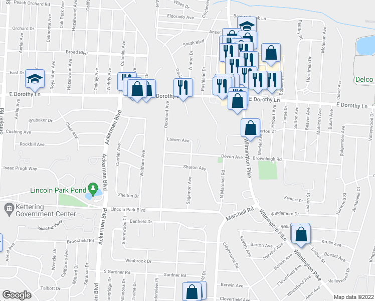 map of restaurants, bars, coffee shops, grocery stores, and more near 1149 Devon Avenue in Kettering