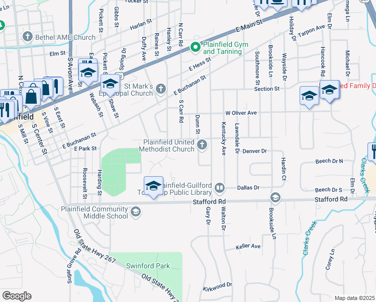 map of restaurants, bars, coffee shops, grocery stores, and more near 607 South Carr Road in Plainfield