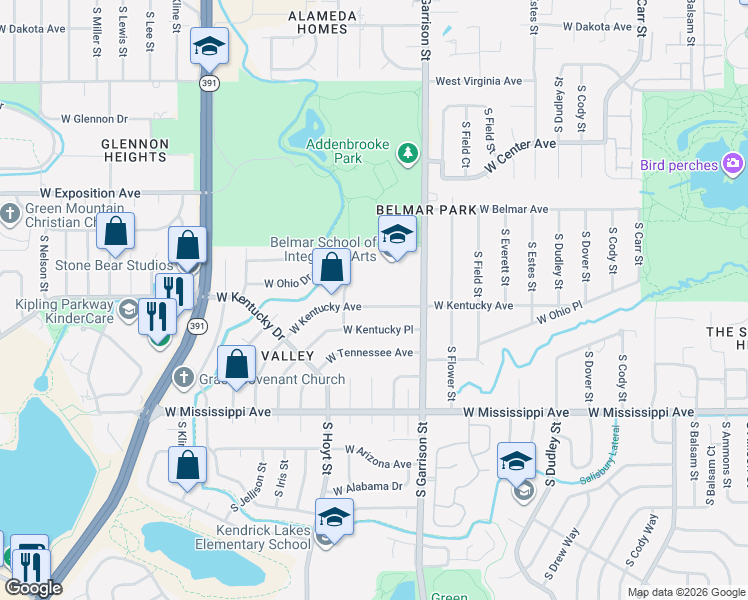 map of restaurants, bars, coffee shops, grocery stores, and more near 9395 West Kentucky Avenue in Lakewood