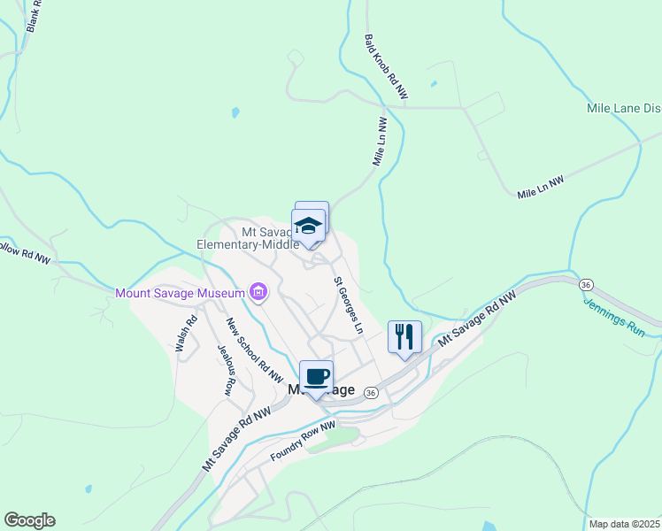 map of restaurants, bars, coffee shops, grocery stores, and more near 13201 New School Road Northwest in Mount Savage