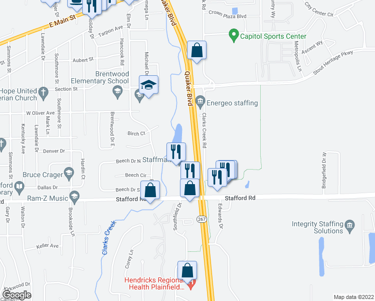 map of restaurants, bars, coffee shops, grocery stores, and more near 644 Lakeside Drive in Plainfield