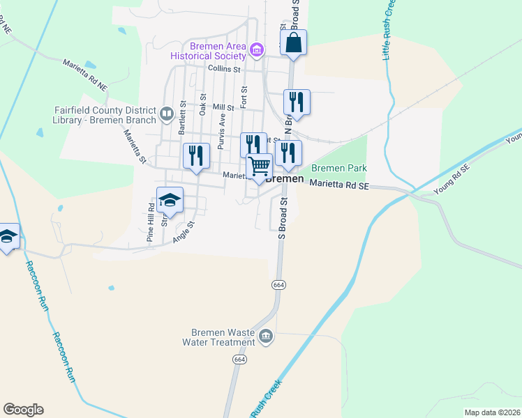 map of restaurants, bars, coffee shops, grocery stores, and more near 103 South Mulberry Street in Bremen