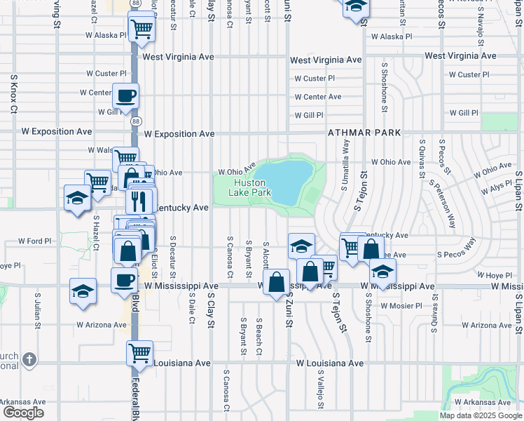 map of restaurants, bars, coffee shops, grocery stores, and more near 900 South Bryant Street in Denver