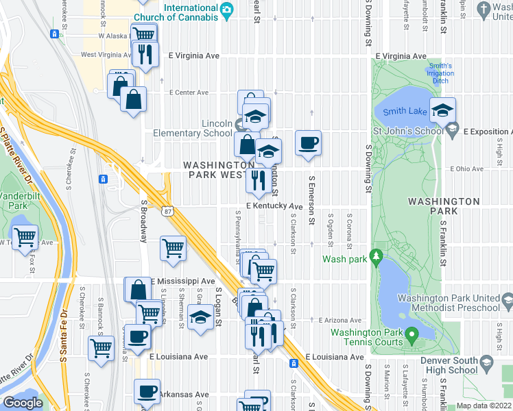 map of restaurants, bars, coffee shops, grocery stores, and more near S Pearl St & E Kentucky Ave in Denver