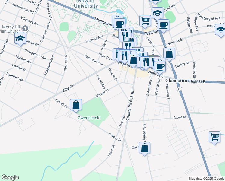 map of restaurants, bars, coffee shops, grocery stores, and more near 118 Wilmer Street in Glassboro