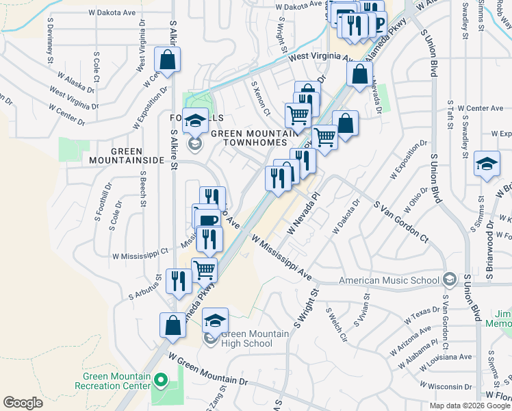 map of restaurants, bars, coffee shops, grocery stores, and more near 12795 West Alameda Parkway in Lakewood
