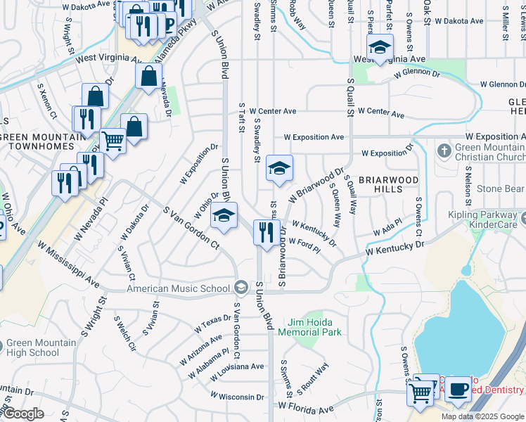 map of restaurants, bars, coffee shops, grocery stores, and more near 943 South Simms Street in Lakewood