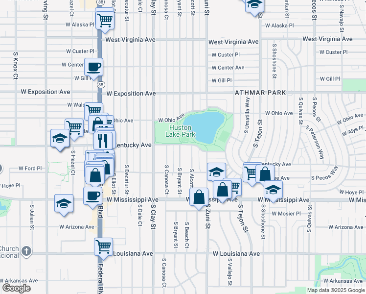 map of restaurants, bars, coffee shops, grocery stores, and more near 900 South Bryant Street in Denver