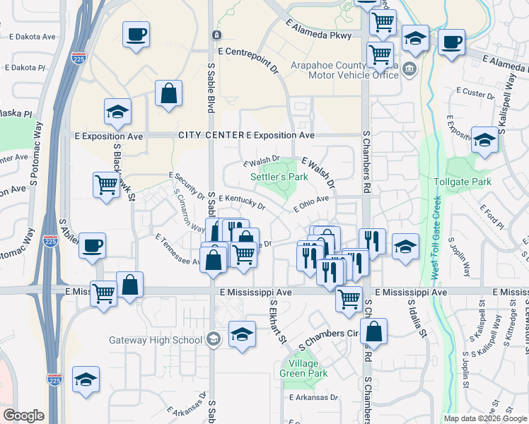 map of restaurants, bars, coffee shops, grocery stores, and more near 14798 East Ohio Avenue in Aurora