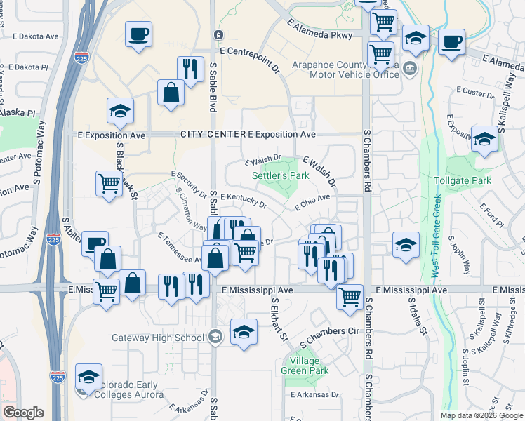 map of restaurants, bars, coffee shops, grocery stores, and more near 922 South Dearborn Way in Aurora