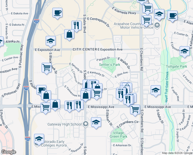 map of restaurants, bars, coffee shops, grocery stores, and more near 922 South Dearborn Way in Aurora