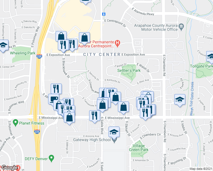 map of restaurants, bars, coffee shops, grocery stores, and more near 920 South Dawson Way in Aurora