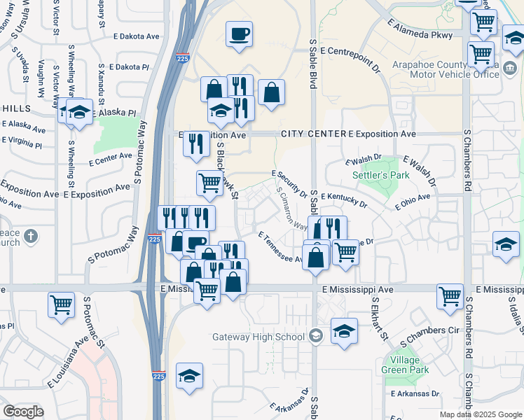 map of restaurants, bars, coffee shops, grocery stores, and more near 14221 East Kentucky Place in Aurora