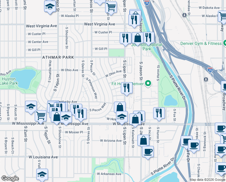 map of restaurants, bars, coffee shops, grocery stores, and more near in Denver