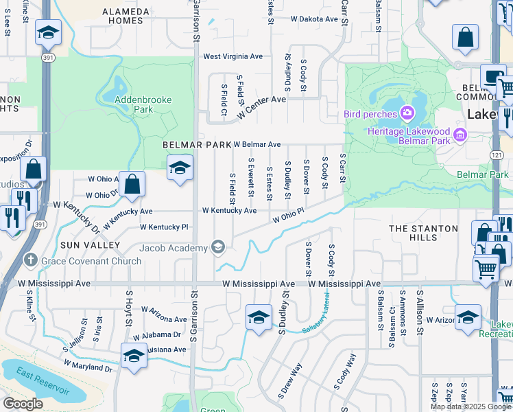 map of restaurants, bars, coffee shops, grocery stores, and more near 885 South Estes Street in Lakewood