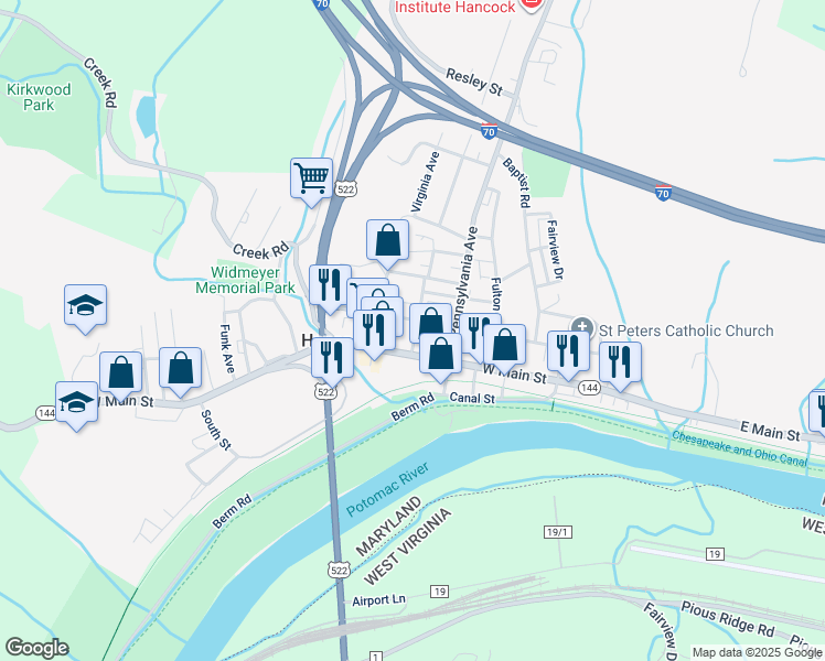 map of restaurants, bars, coffee shops, grocery stores, and more near 141 West High Street in Hancock