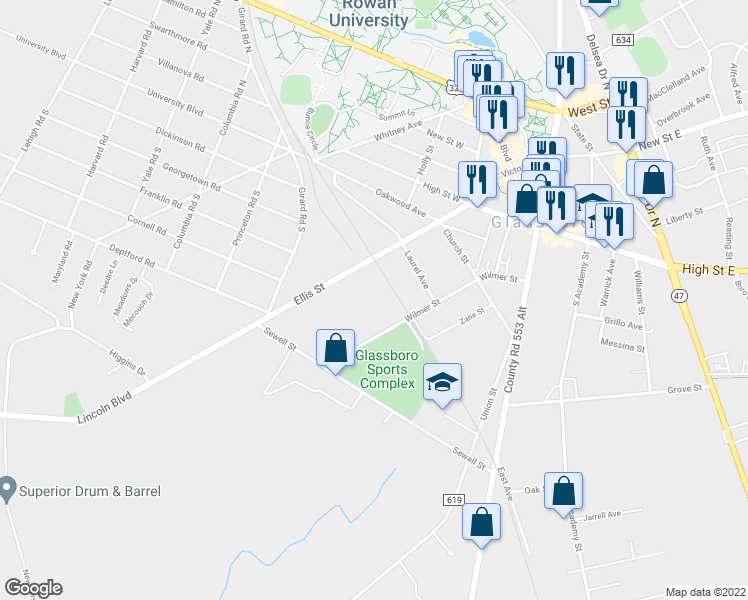 map of restaurants, bars, coffee shops, grocery stores, and more near 408 Ellis Street in Glassboro
