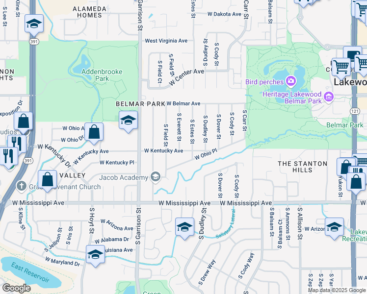 map of restaurants, bars, coffee shops, grocery stores, and more near 885 South Estes Street in Lakewood