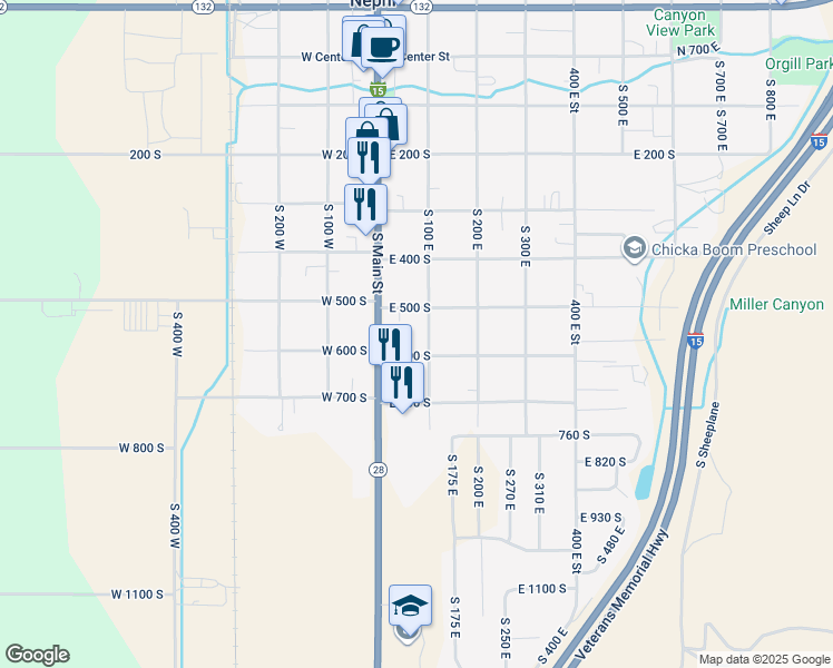 map of restaurants, bars, coffee shops, grocery stores, and more near 75 East 600 South in Nephi