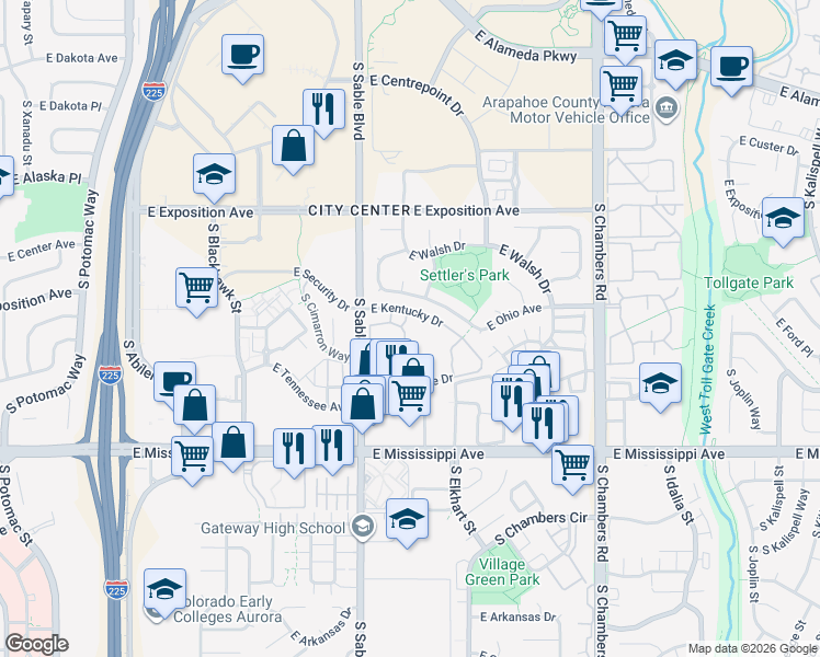 map of restaurants, bars, coffee shops, grocery stores, and more near 922 South Dearborn Way in Aurora