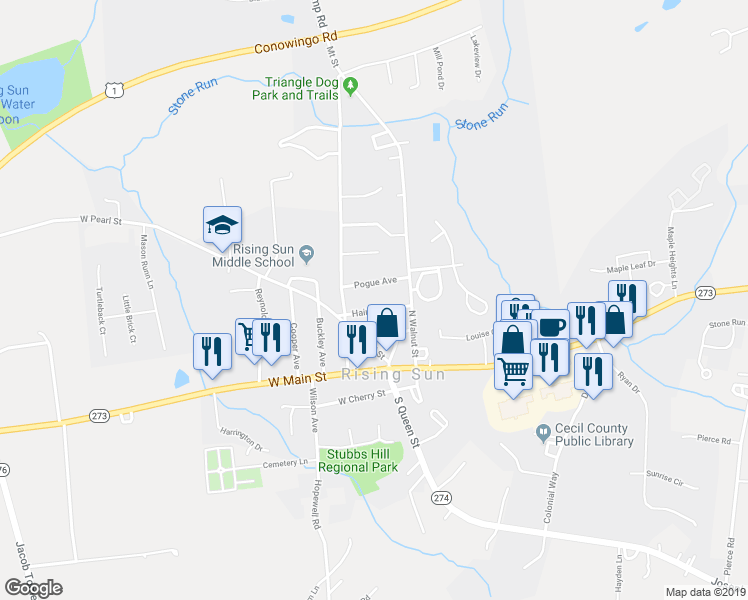 map of restaurants, bars, coffee shops, grocery stores, and more near 15 Haines Avenue in Rising Sun