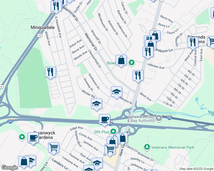 map of restaurants, bars, coffee shops, grocery stores, and more near 28 Chesterfield Drive in New Castle