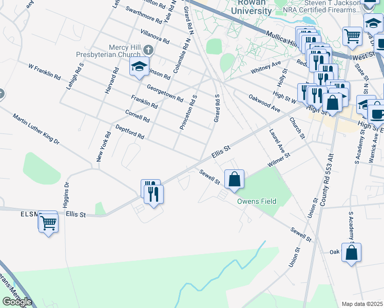map of restaurants, bars, coffee shops, grocery stores, and more near 13 Deptford Road in Glassboro