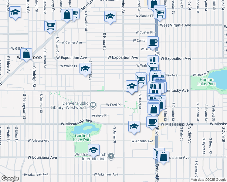 map of restaurants, bars, coffee shops, grocery stores, and more near 3401 West Kentucky Avenue in Denver