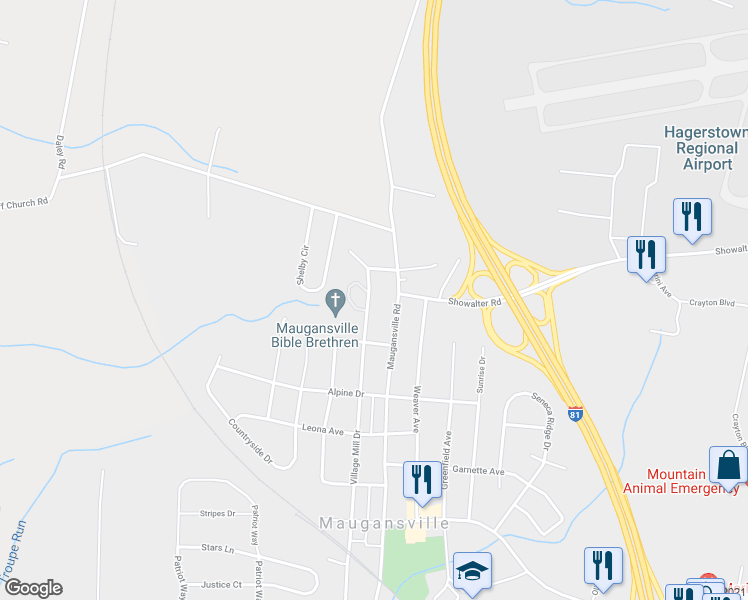 map of restaurants, bars, coffee shops, grocery stores, and more near 14015 Village Mill Drive in Maugansville