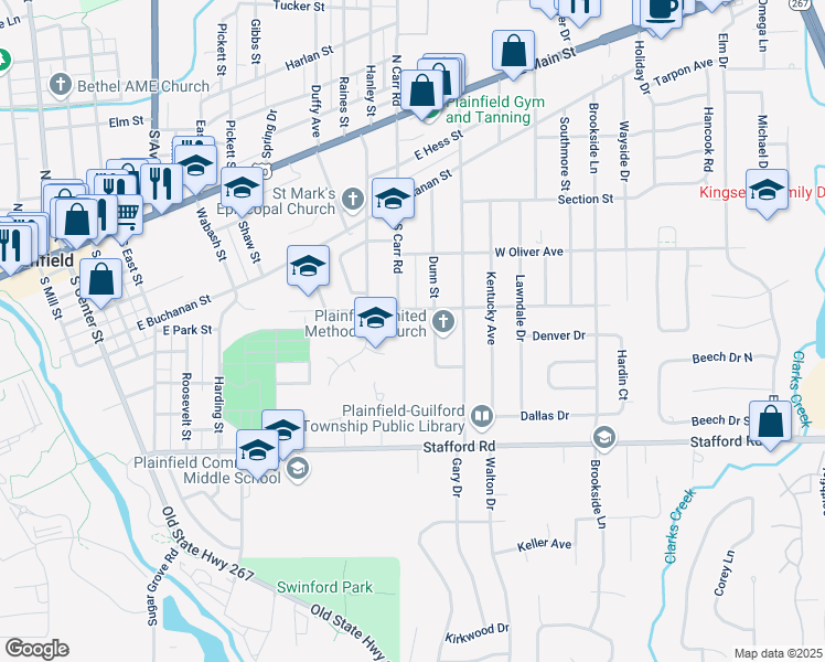 map of restaurants, bars, coffee shops, grocery stores, and more near 607 South Carr Road in Plainfield