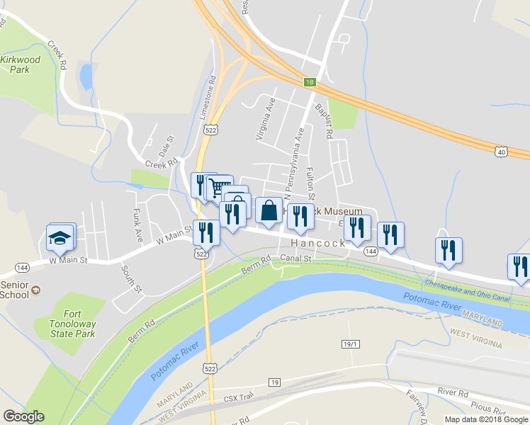 map of restaurants, bars, coffee shops, grocery stores, and more near 141 W High St in Hancock