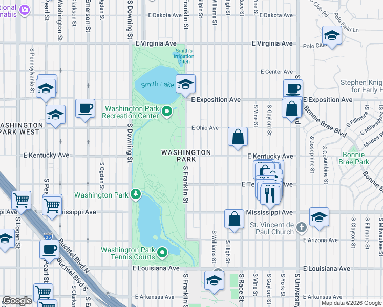 map of restaurants, bars, coffee shops, grocery stores, and more near 888 South Franklin Street in Denver