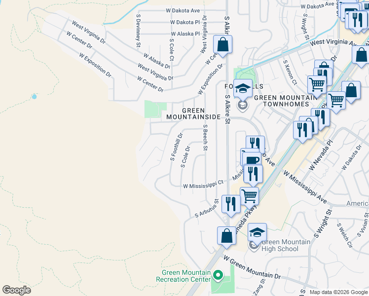 map of restaurants, bars, coffee shops, grocery stores, and more near 897 South Cole Drive in Lakewood