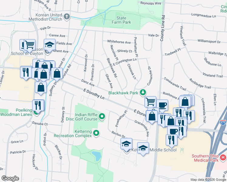 map of restaurants, bars, coffee shops, grocery stores, and more near 2849 Ghent Avenue in Dayton