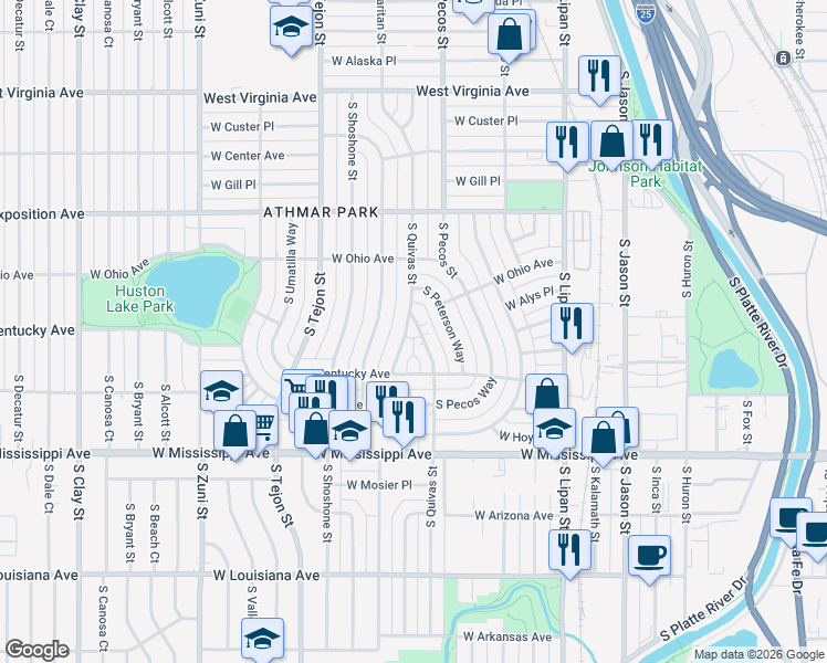 map of restaurants, bars, coffee shops, grocery stores, and more near 851 South Quivas Street in Denver
