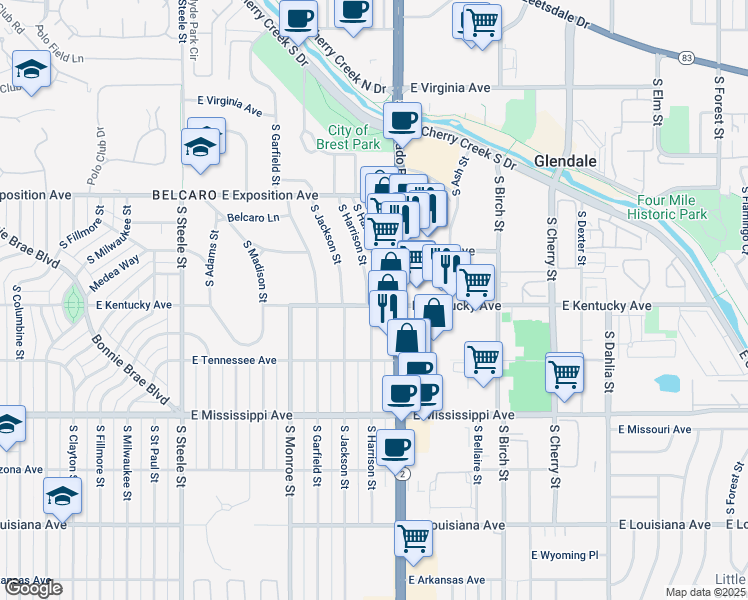 map of restaurants, bars, coffee shops, grocery stores, and more near 870 South Harrison Street in Denver
