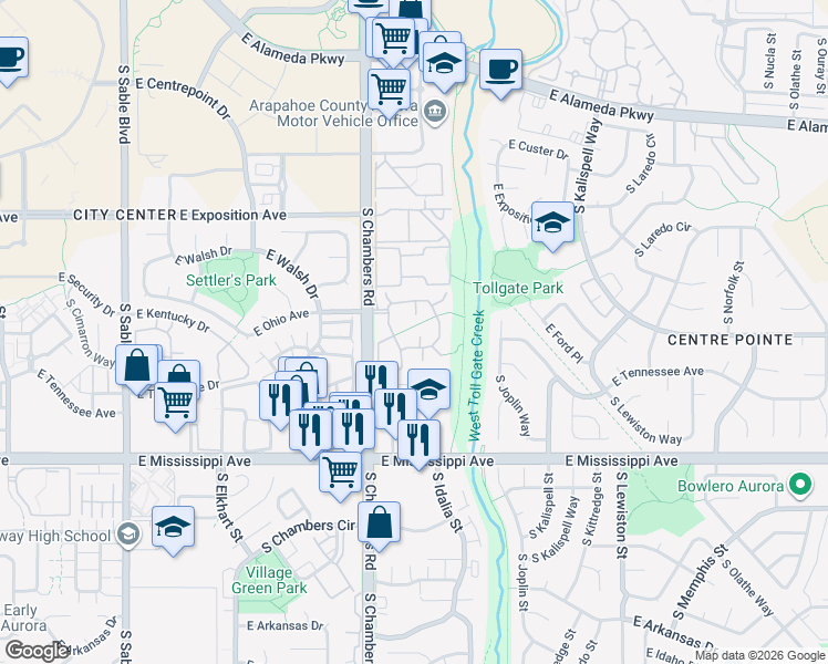 map of restaurants, bars, coffee shops, grocery stores, and more near 932 South Helena Way in Aurora