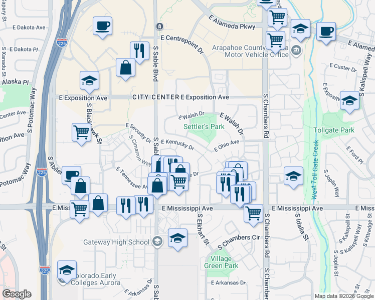 map of restaurants, bars, coffee shops, grocery stores, and more near 922 South Dearborn Way in Aurora