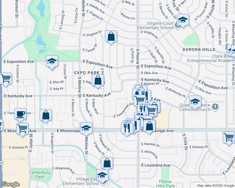 map of restaurants, bars, coffee shops, grocery stores, and more near 11822 East Kentucky Avenue in Aurora